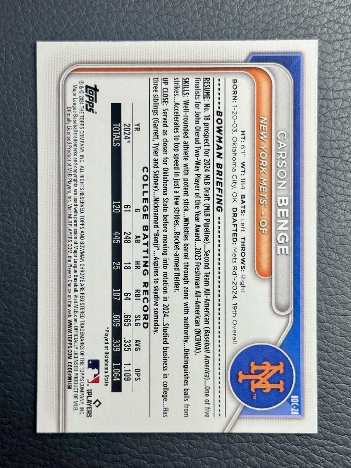 2024 Bowman Draft Sapphire Carson Benge 1st #BDC-28 Mets