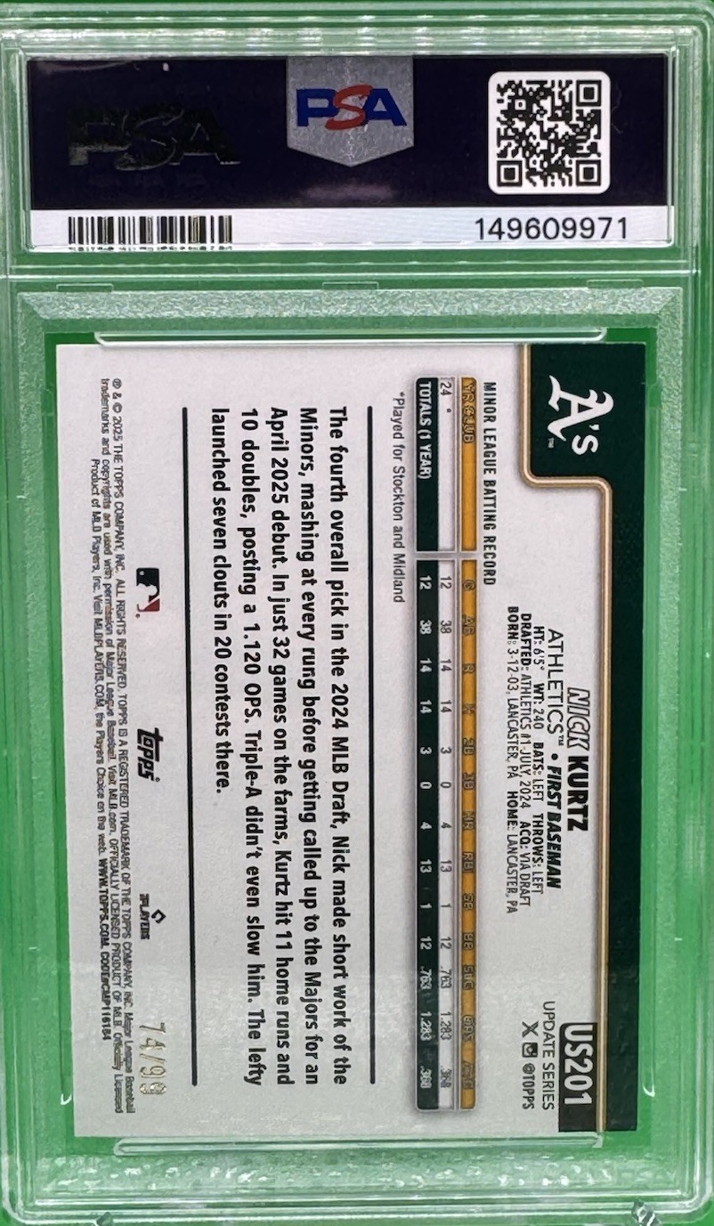 2025 TOPPS UPDATE GREEN RAINBOW FOIL #201 NICK KURTZ ROOKIE RC /99 PSA 9