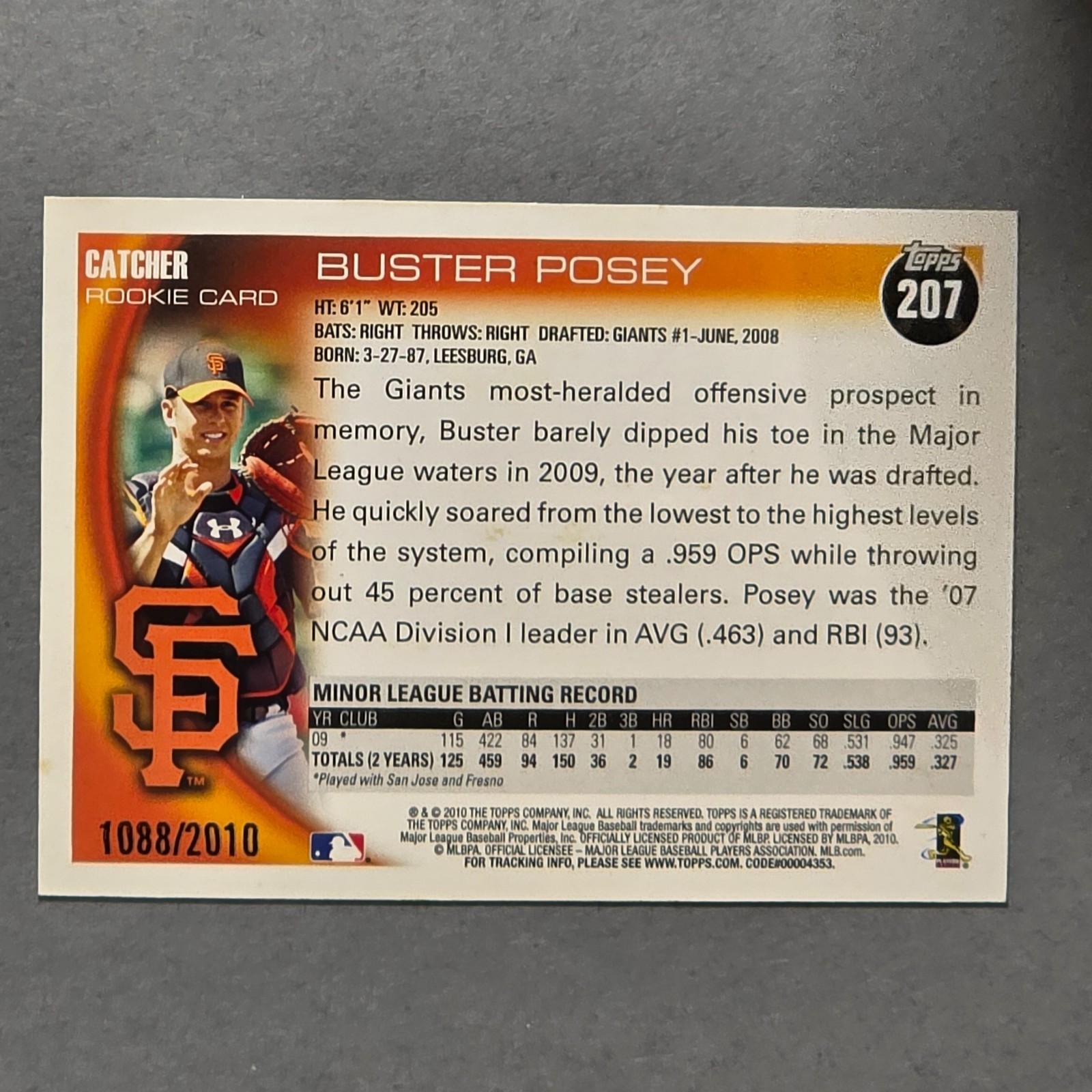 2010 Topps Opening Day #207 Buster Posey RC – Blue Border SP #d/2010 Giants READ
