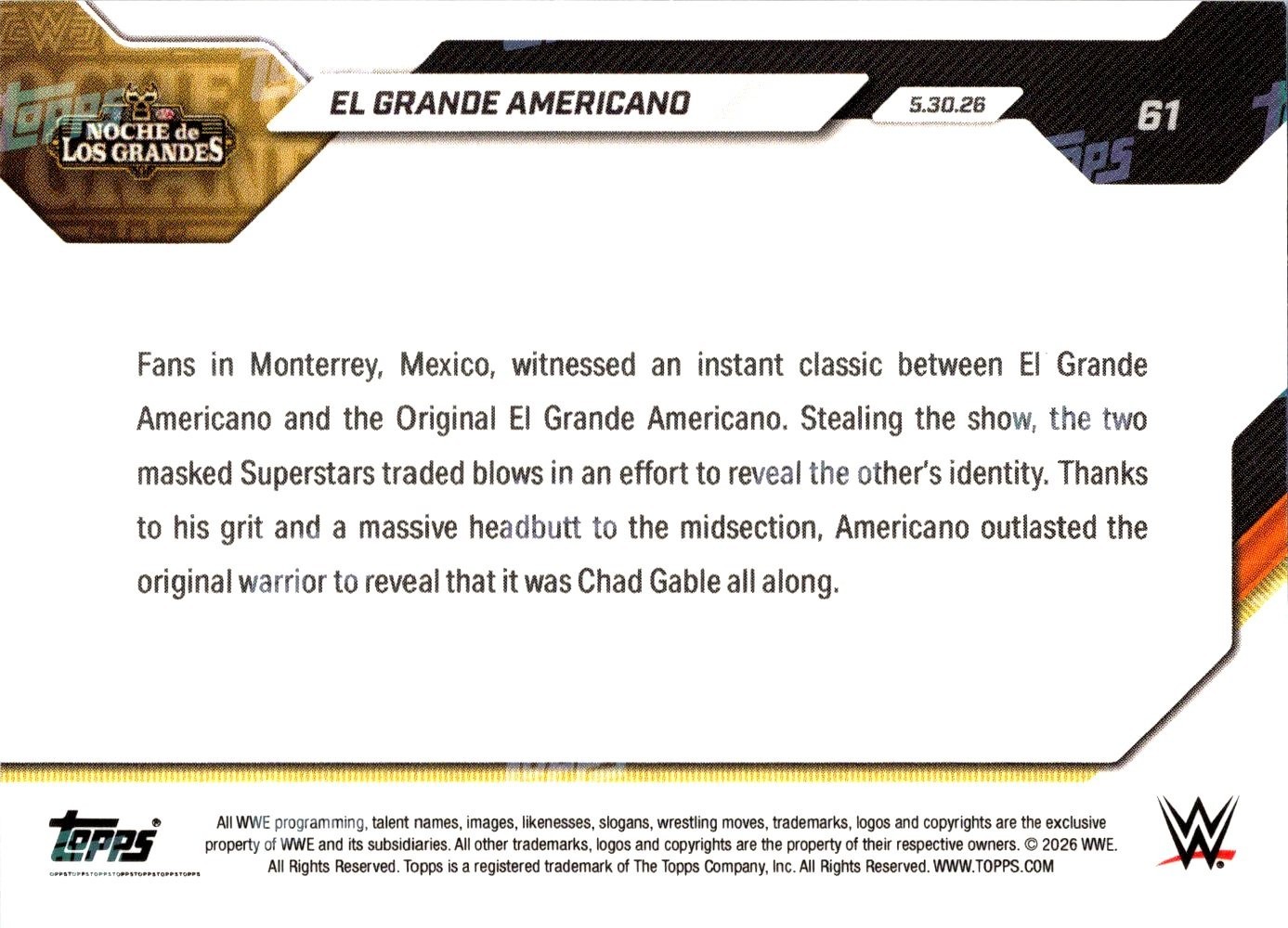 El Grande Americano 2026 Topps NOW WWE #61 Base Trading Card