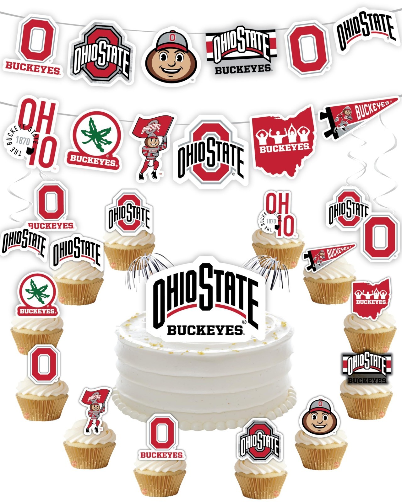 Ohio State Party Decor Set – 42 Pc Banner & Cupcake Toppers for Graduation & Foo