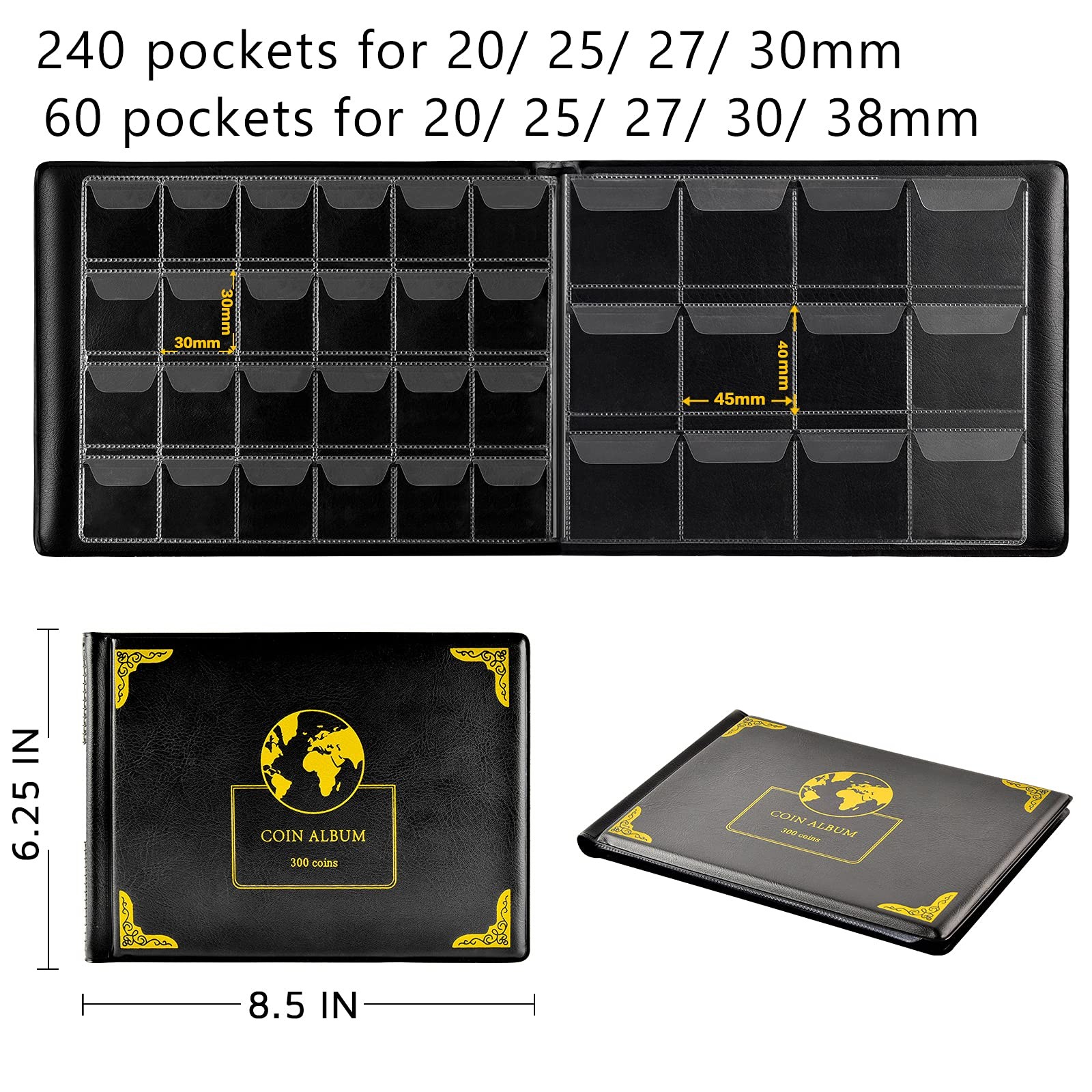 Coin Collection Supplies Holder Book for Collectors, 12 x 12 inches, Black