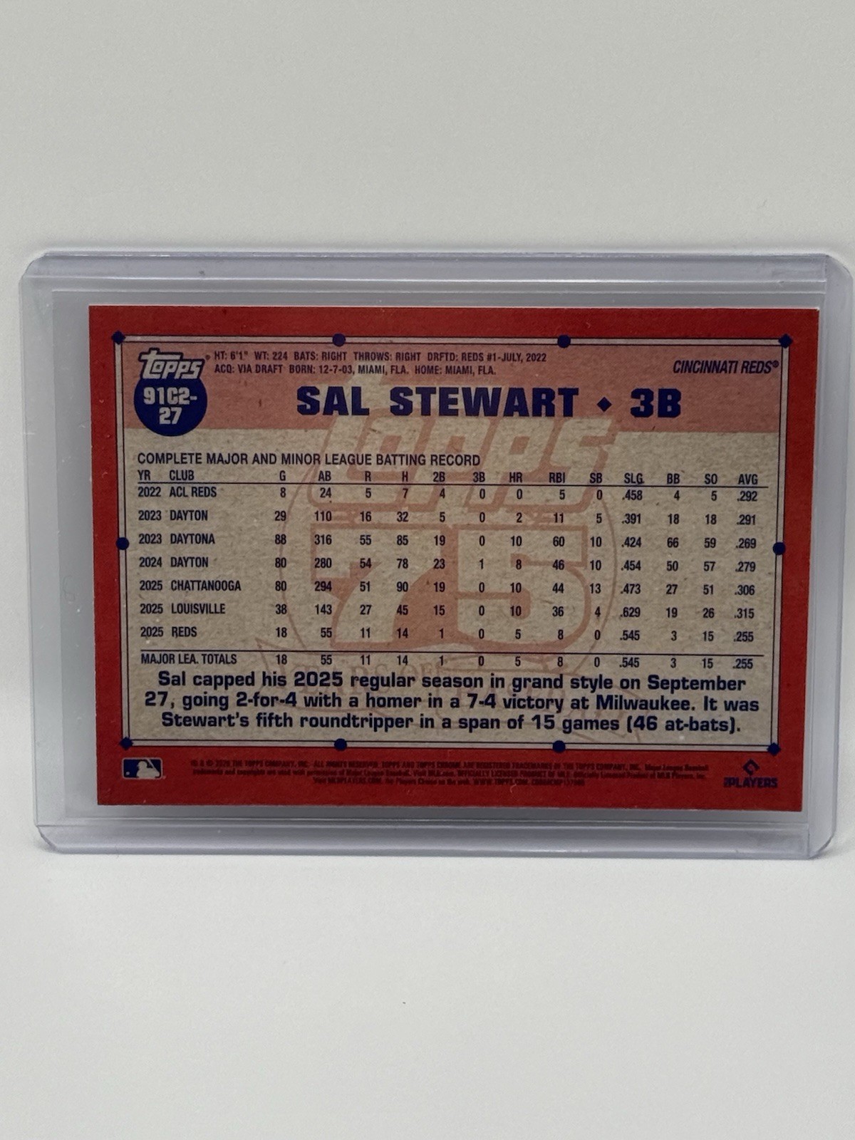 Topps Chrome 75 Years of Baseball Sal Stewart Rookie Parallel 91C2-27 Reds