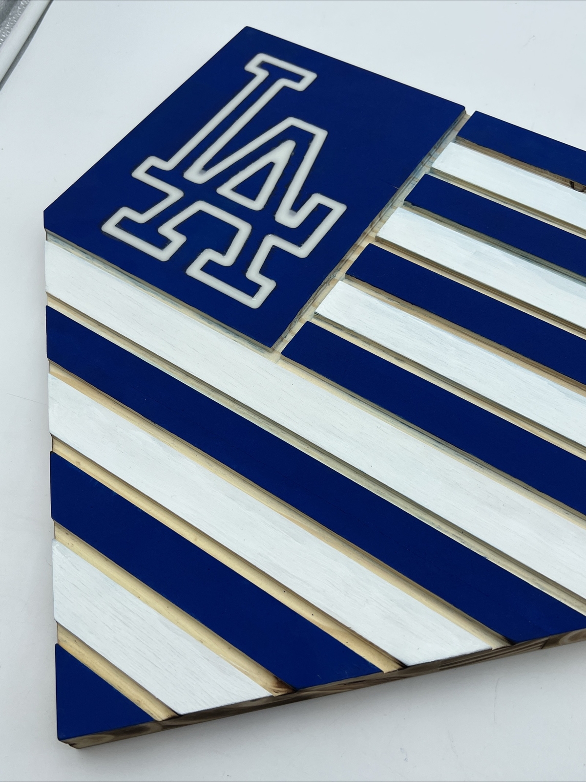 LOS ANGELES DODGERS “FLAG THEMED” HOME PLATE SIGN 1″ PINE WOOD, STAIN, & EPOXY