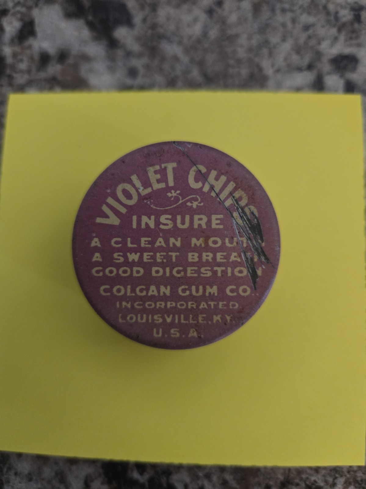 Antique Colgan’s Violet Chips Chewing Gum Tin Lid– The Gum That’s Round C.1910s