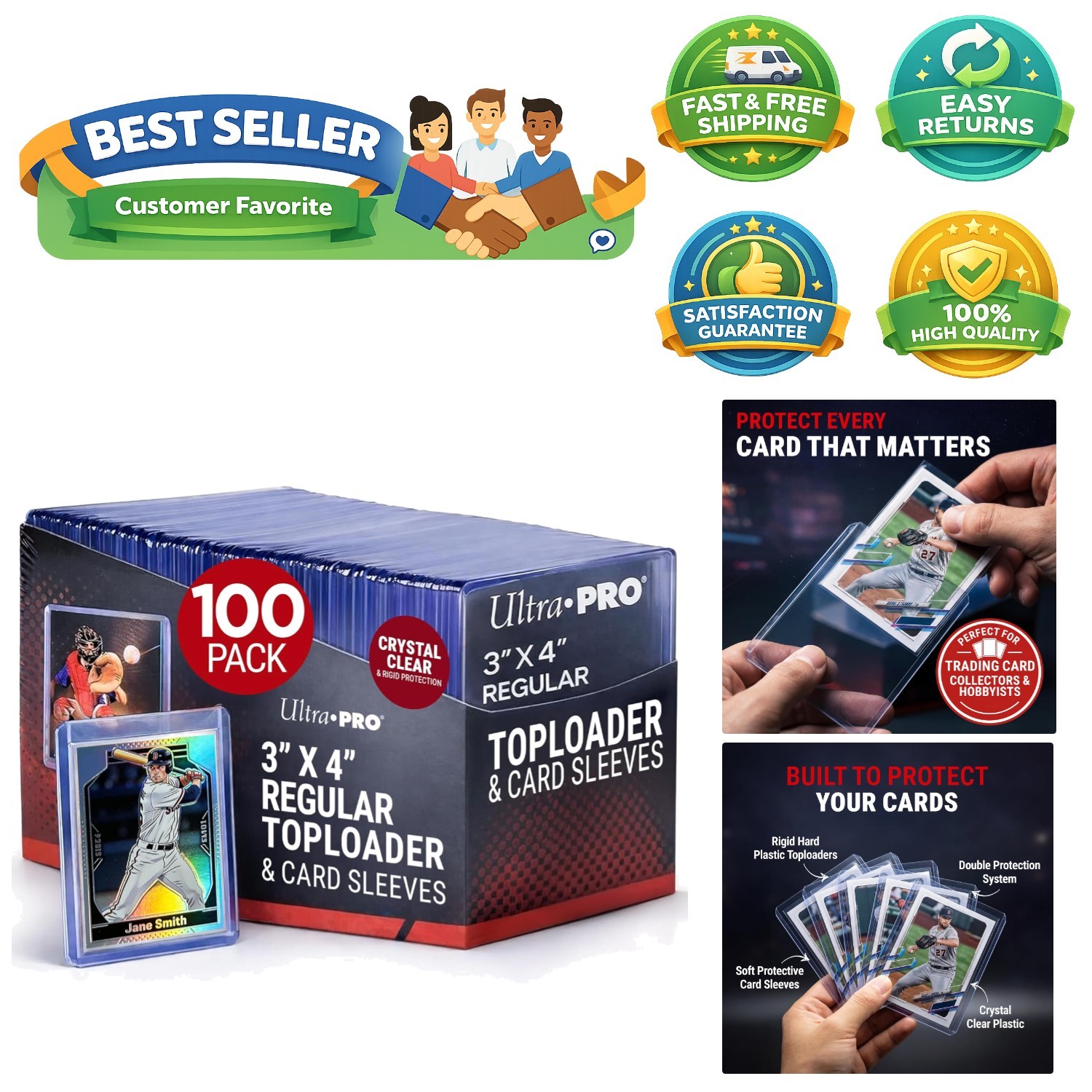 100ct Bundle – 3″x4″ Clear Toploaders & Soft Card Sleeves for Protection