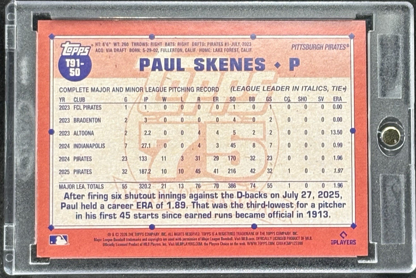 Paul Skenes RARE CRACKED ICE PITCHING REFRACTOR CARD TOPPS PIRATES ROY MINT
