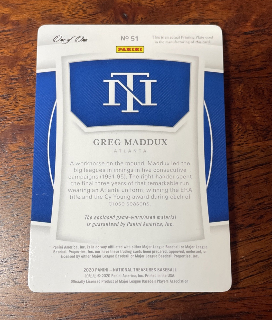 2020 Panini National Treasures Greg Maddux 1/1 Game Used Patch Jersey Relic HOF