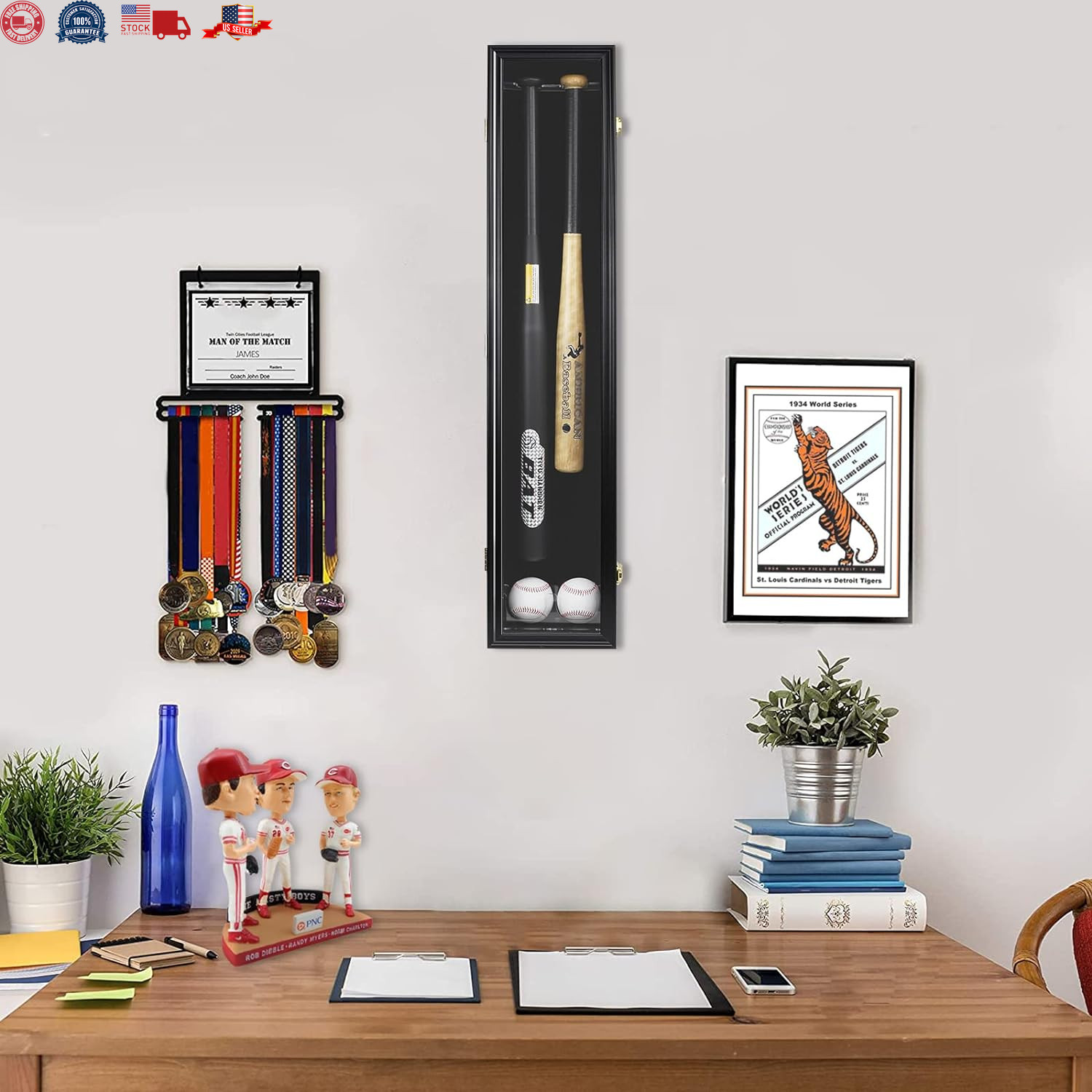 2 Baseball Bat Display Case Wooden Frame with Acrylic Transparent Door Holder