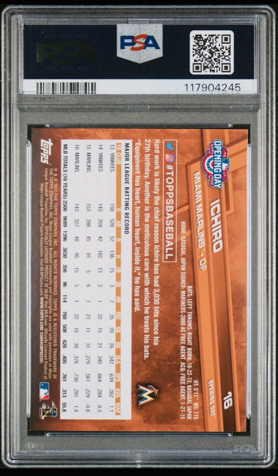 2017 Topps Opening Day SSP Variation Sitting #16 Ichiro Suzuki PSA 9 Mint Pop 2