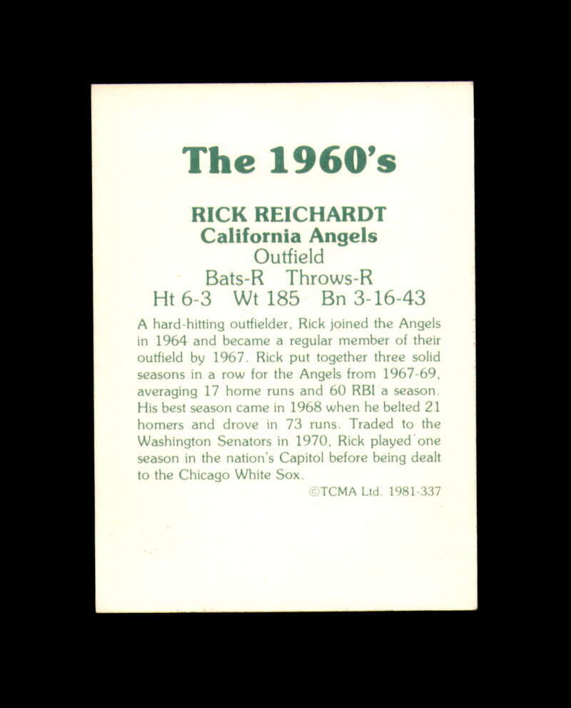 Rick Reichardt Hand Signed 1981 TCMA 60’s Califronia Angels Autograph