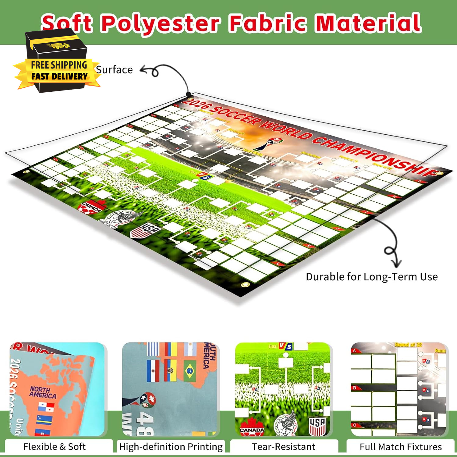 2026 World Cup Schedule Poster, 2-In-1 Double-Sided Soccer Wall Chart with 48-Te