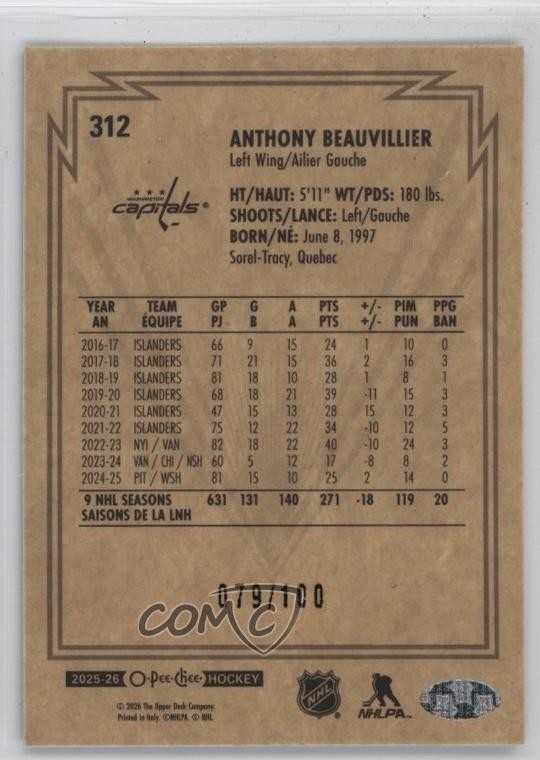 2025-26 O-Pee-Chee Retro Black Border 79/100 Anthony Beauvillier #312 1sr1