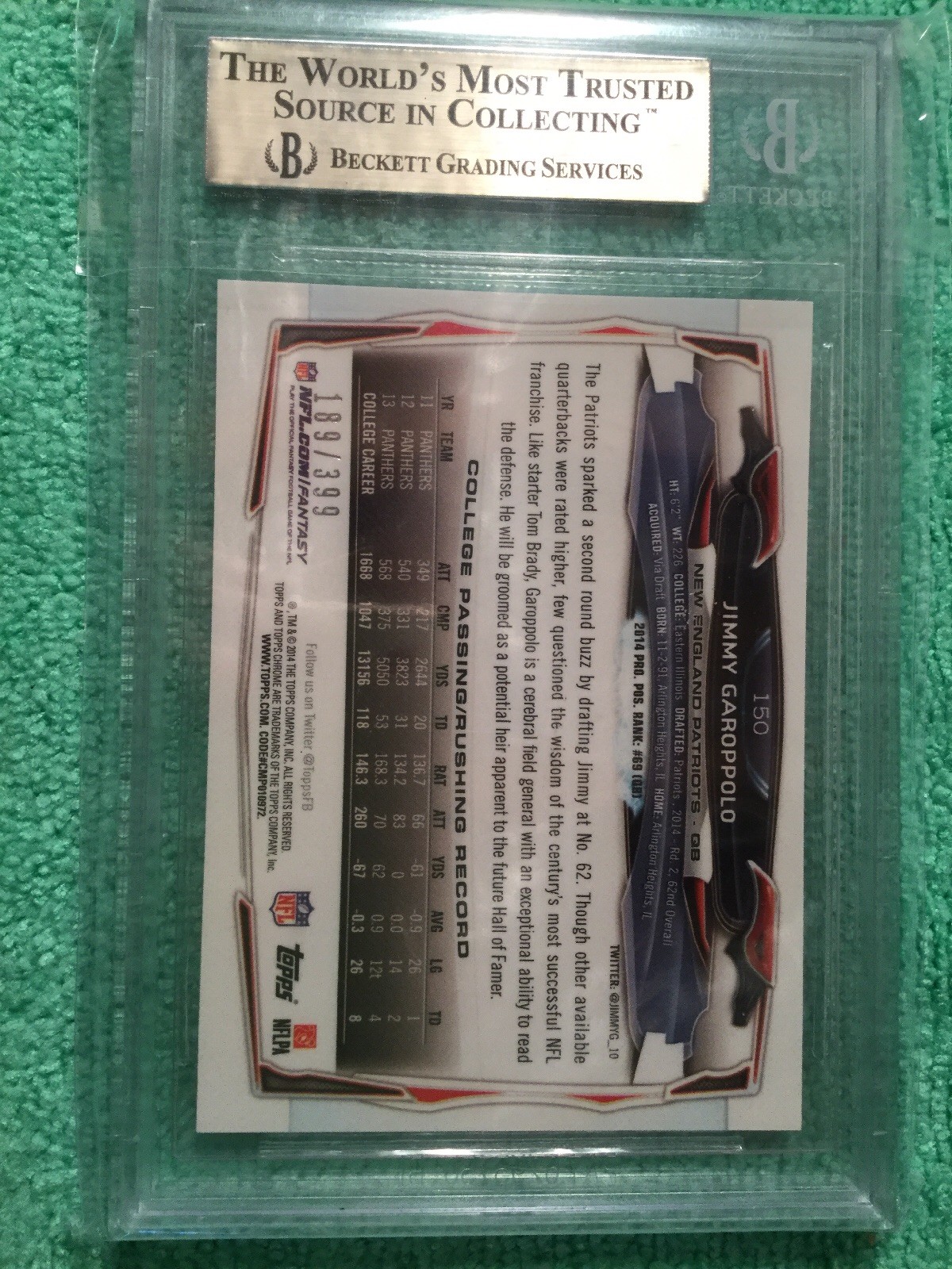 2014 TOPPS CROME FOOTBALL. PINK REFRACTOR JIMMY GAROPPOLO BGS 9.5 GEM /399