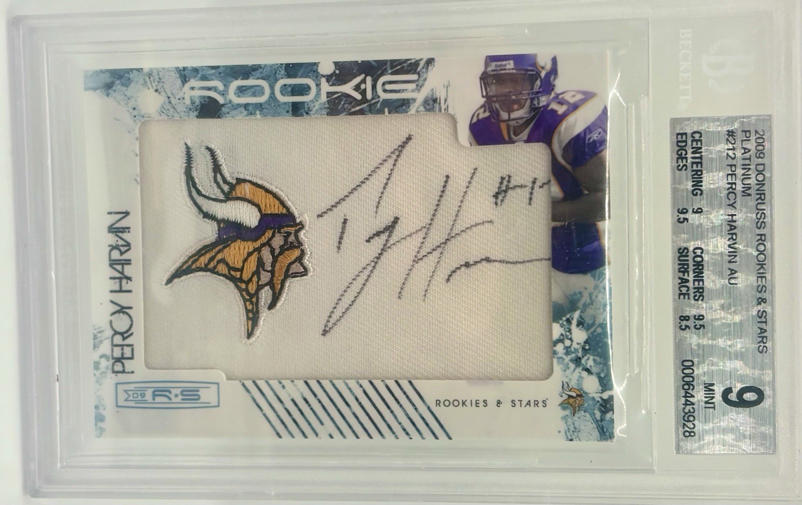 2009 Donruss Rookies & Stars Percy Harvin Rookie Logo Patch Auto BGS TRUE 1/1