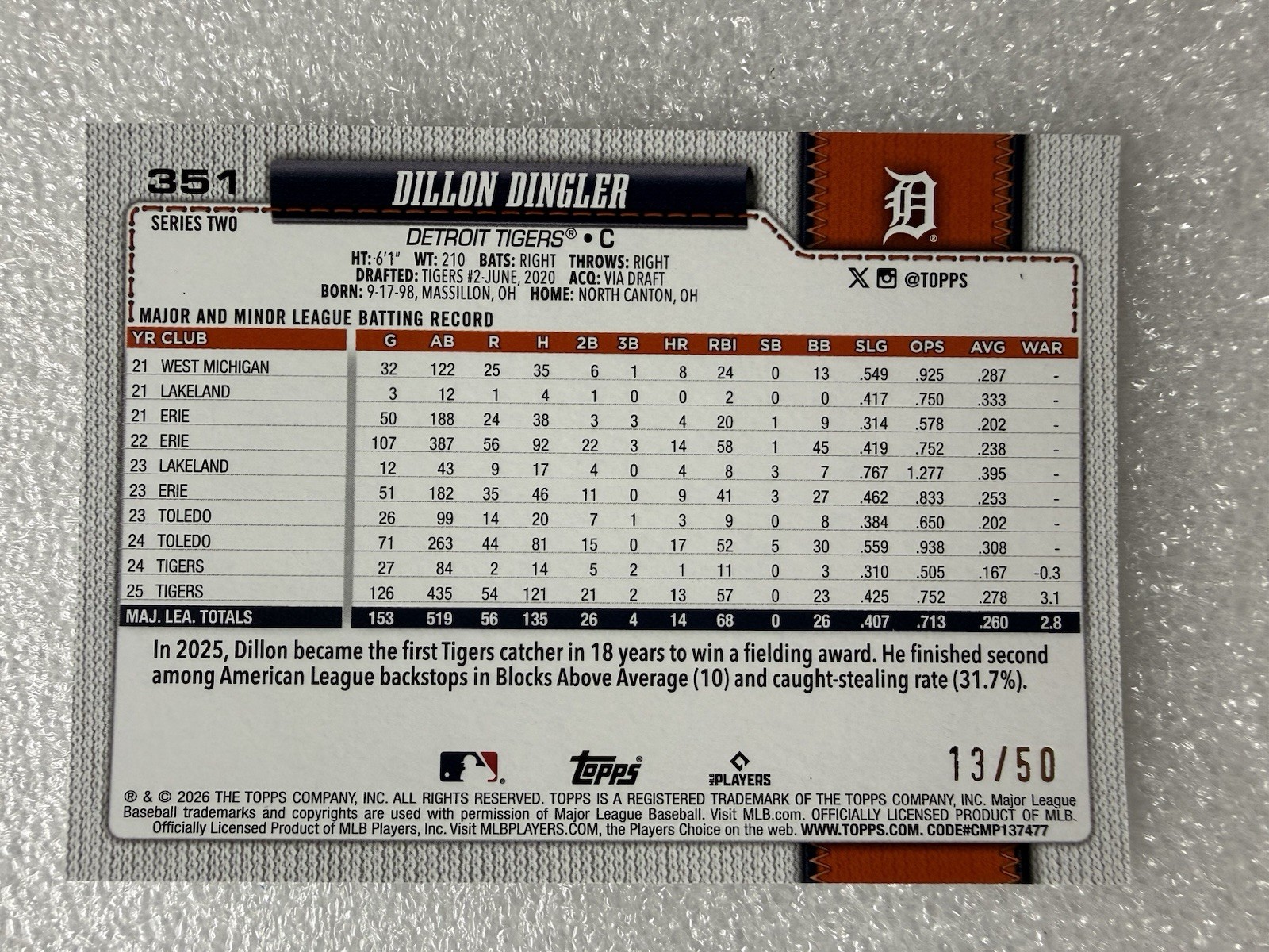 2026 Topps Series 2 Dillon Dingler Canvas SP #351 13/50 Tigers Number Match