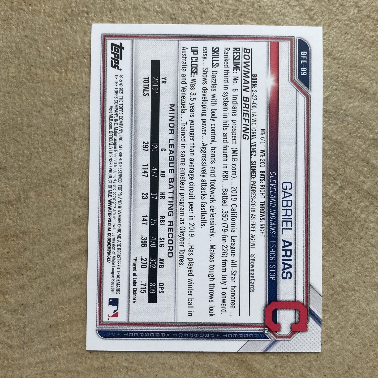 2021 Bowman 1ST EDITION DRAFT 1ST ROOKIE #BFE-89 GABRIEL ARIAS CLEVELAND INDIANS