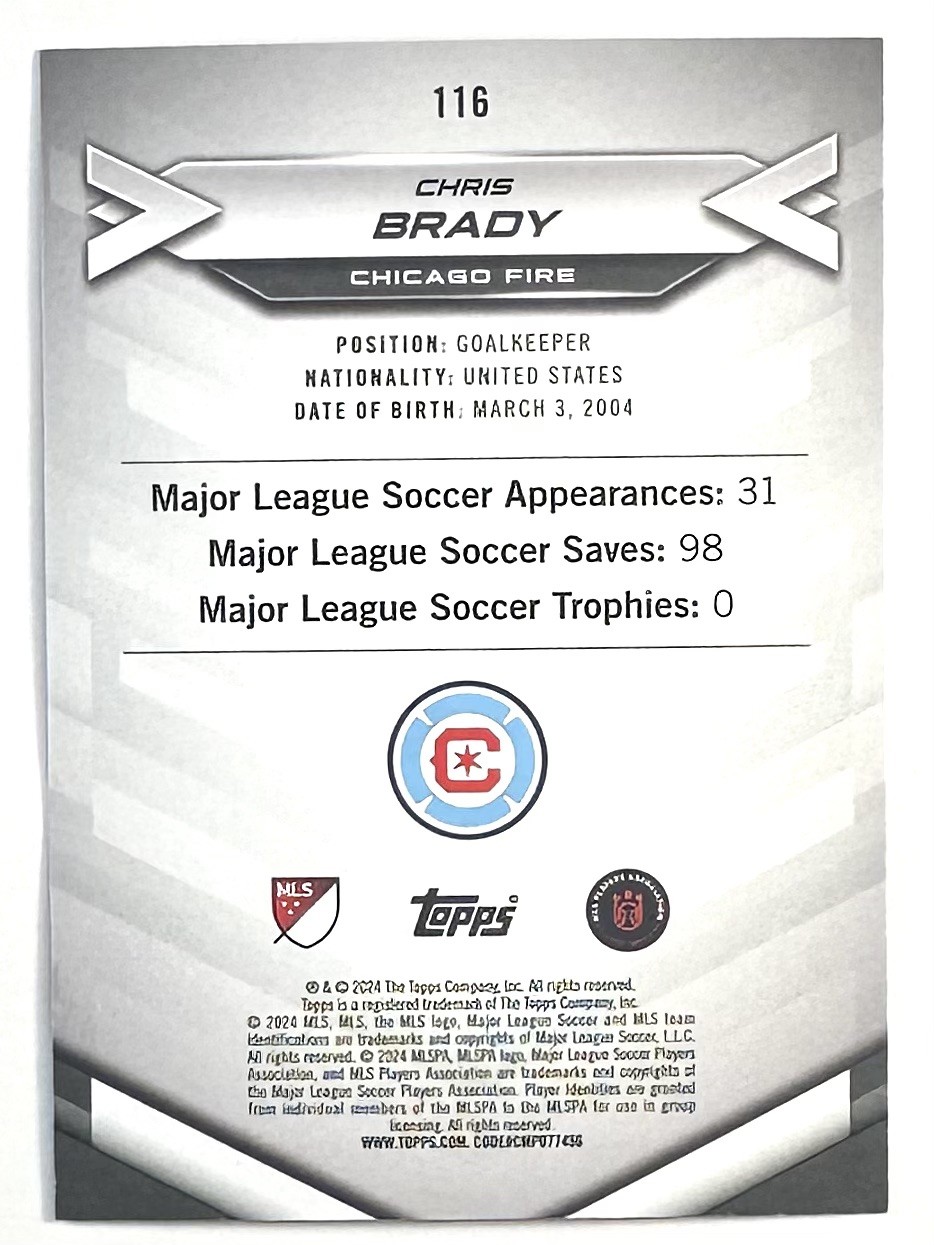 Chris Brady – 2024 Topps MLS Superstars Yellow Common – Chicago Fire – USMNT