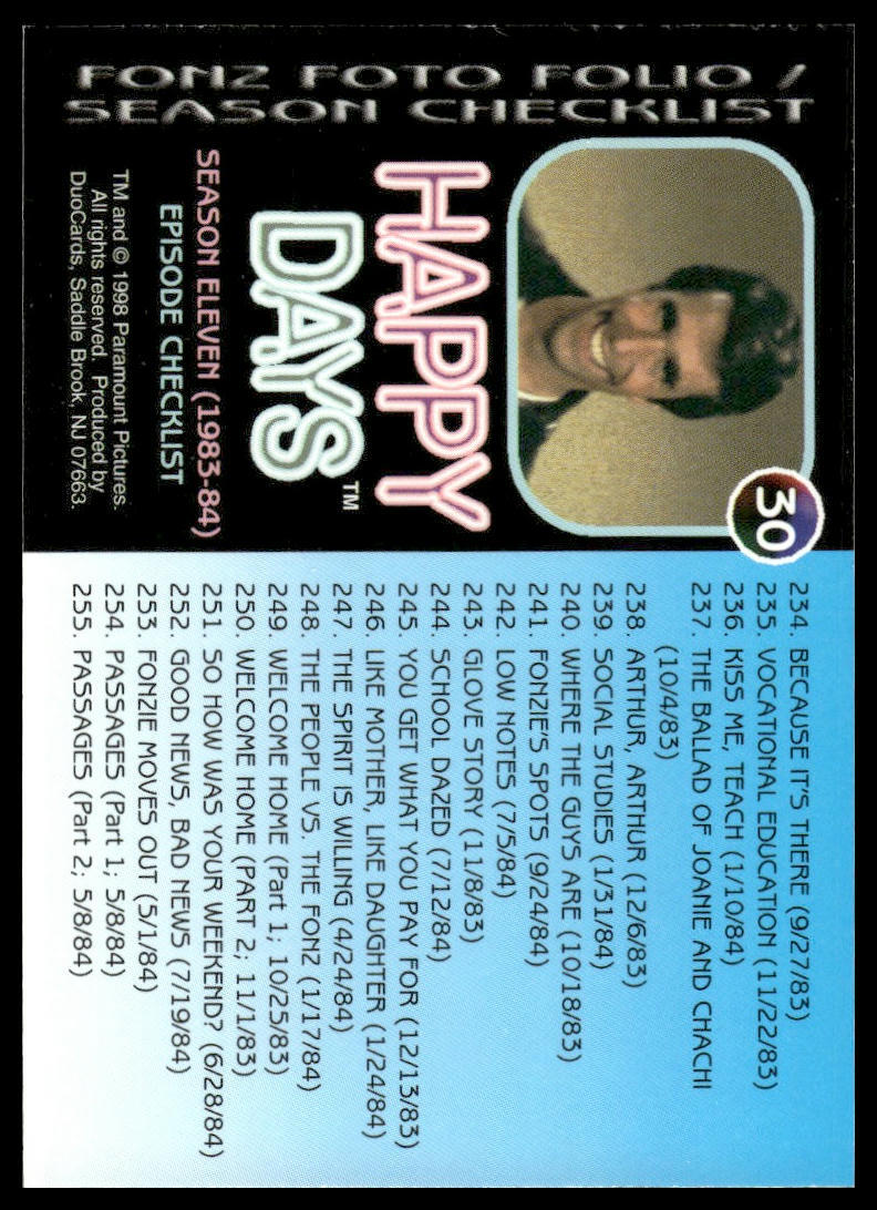 1998 Duocards Happy Days #30 Season 11 Checklist