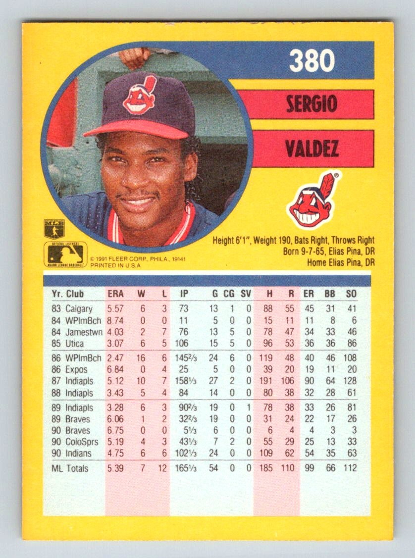1991 Fleer #380 Sergio Valdez Cleveland Indians