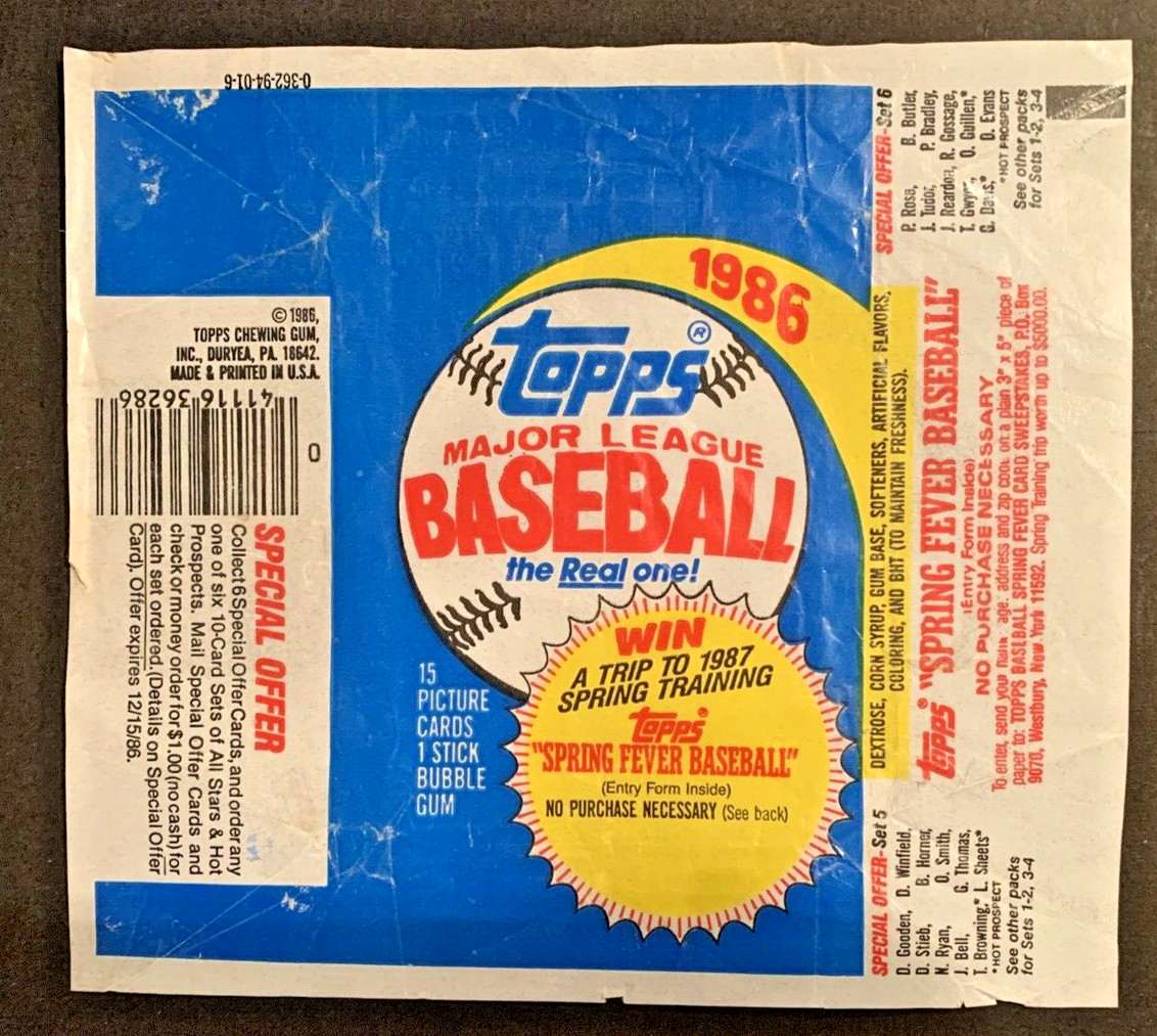 1986 Topps Baseball Card Empty Wrapper