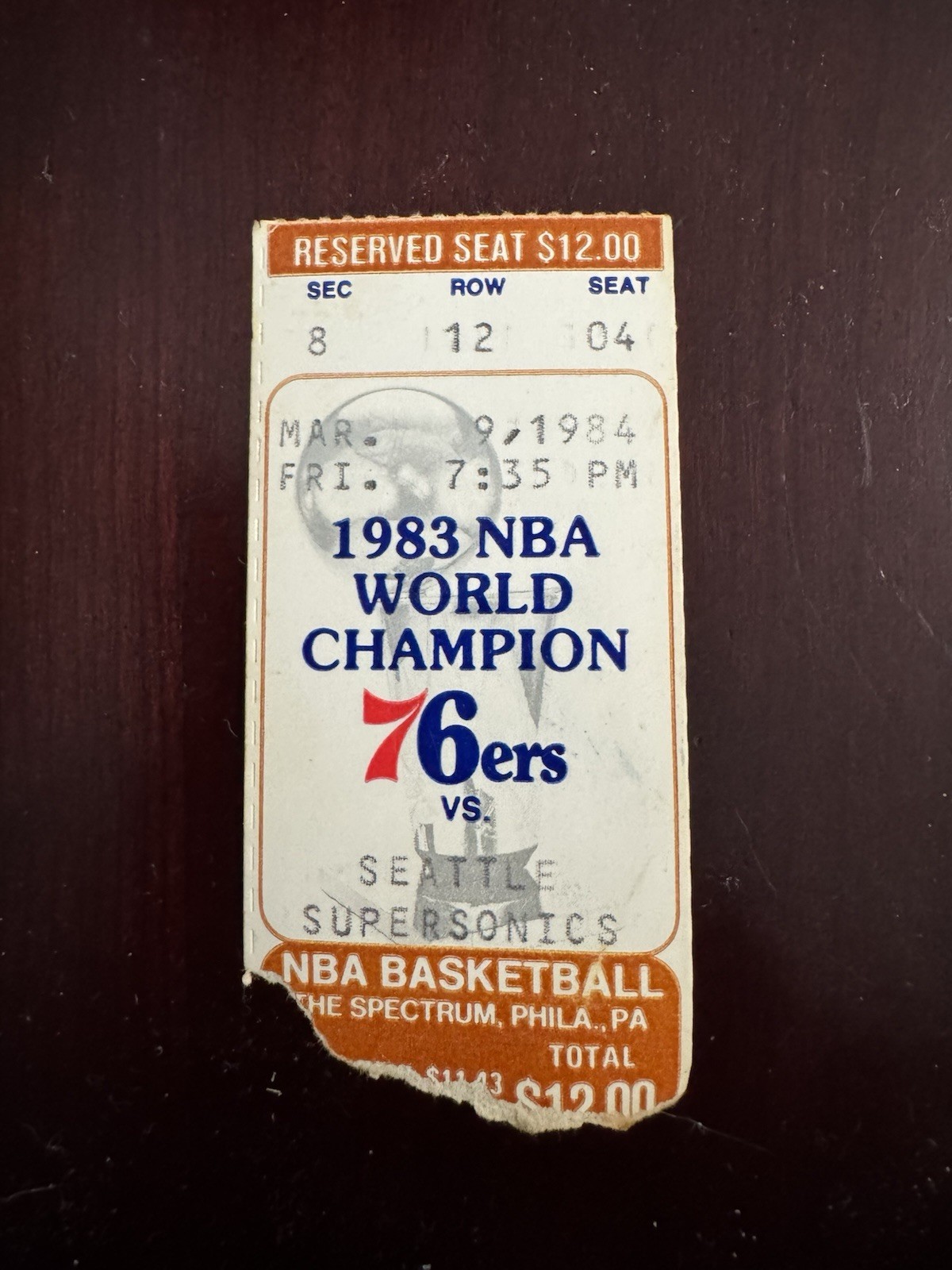 Seattle Supersonics At 76ers 3-9-1984 Ticket Stub Erving 20 Pts Richardson 16 Pt