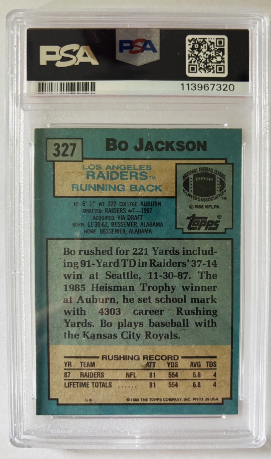 1988 TOPPS #327 BO JACKSON ROOKIE RC PSA 9