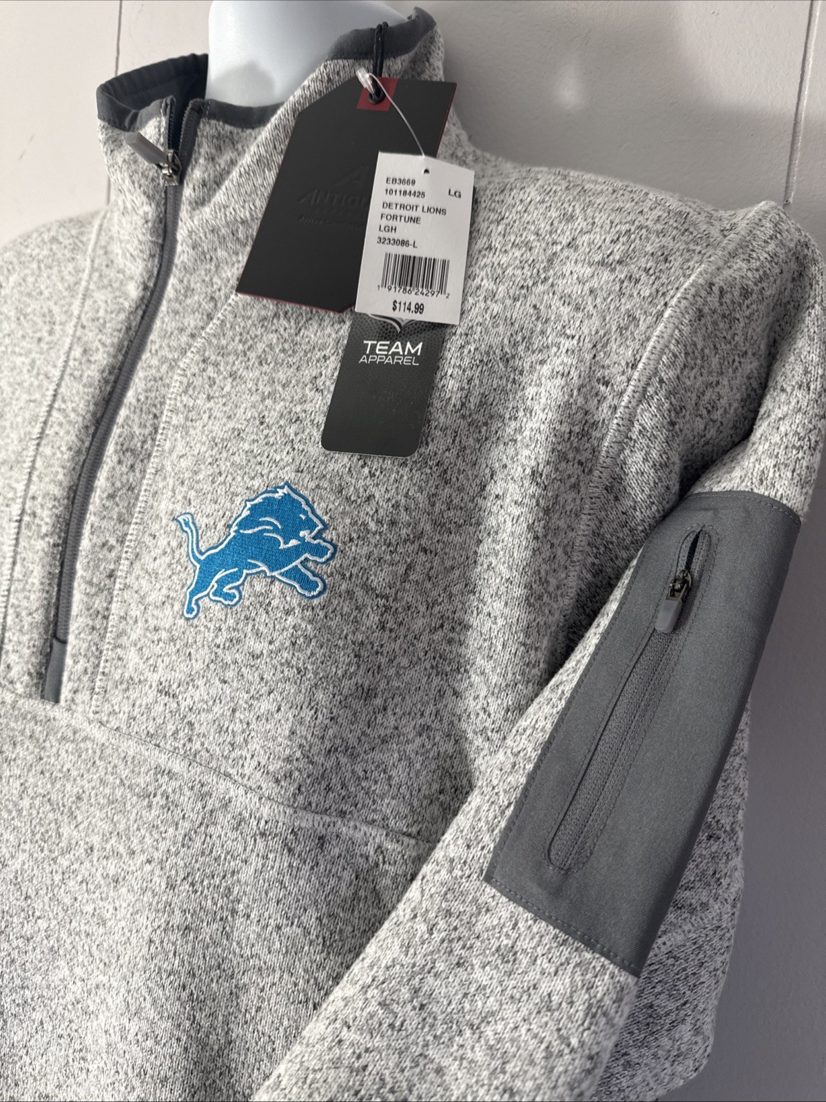 New Antigua Detroit Lions Fortune 1/4 Zip NFL Pullover Jacket Heather LARGE $115