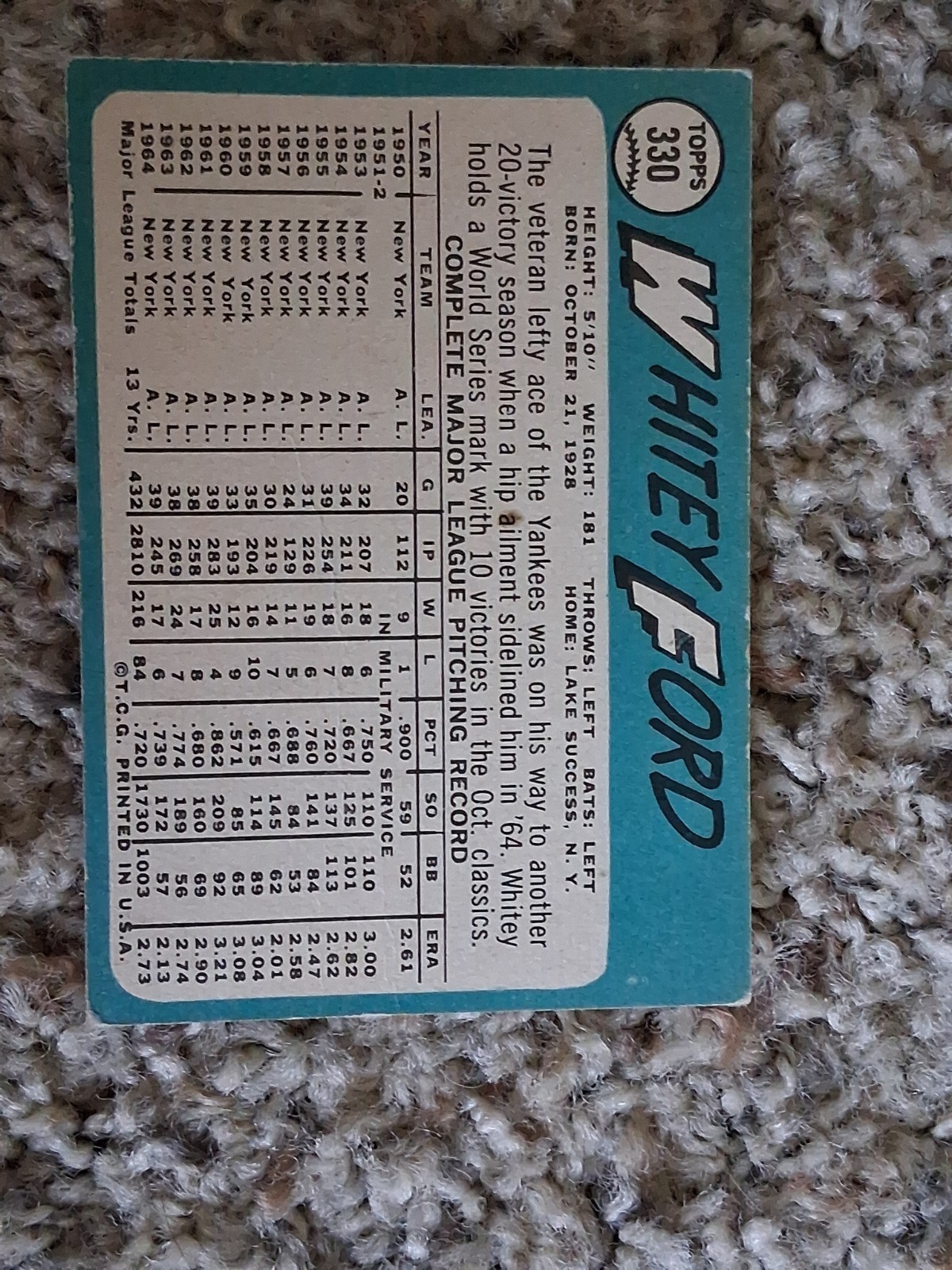 1965 Topps #330 Whitey Ford New York Yankees Pitcher Baseball Card