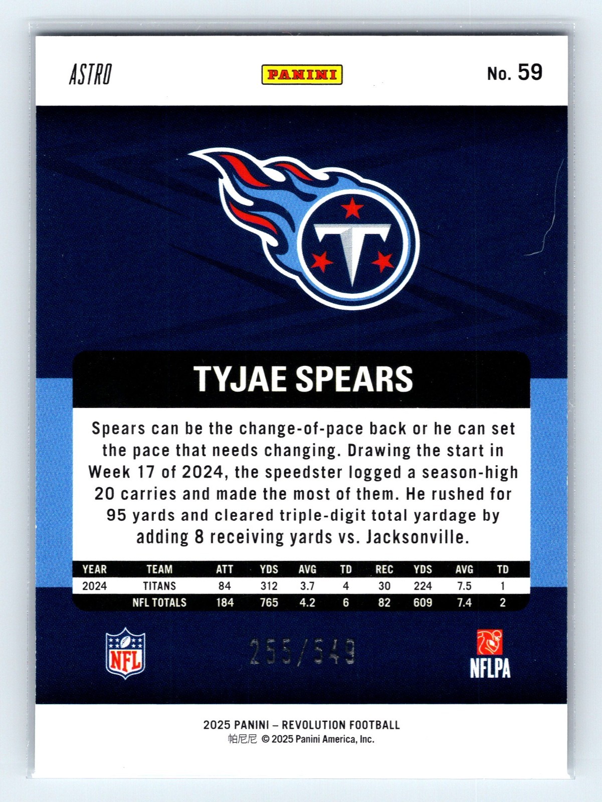2025 Panini Revolution – Tyjae Spears #59 Blue Storm /549 Titans