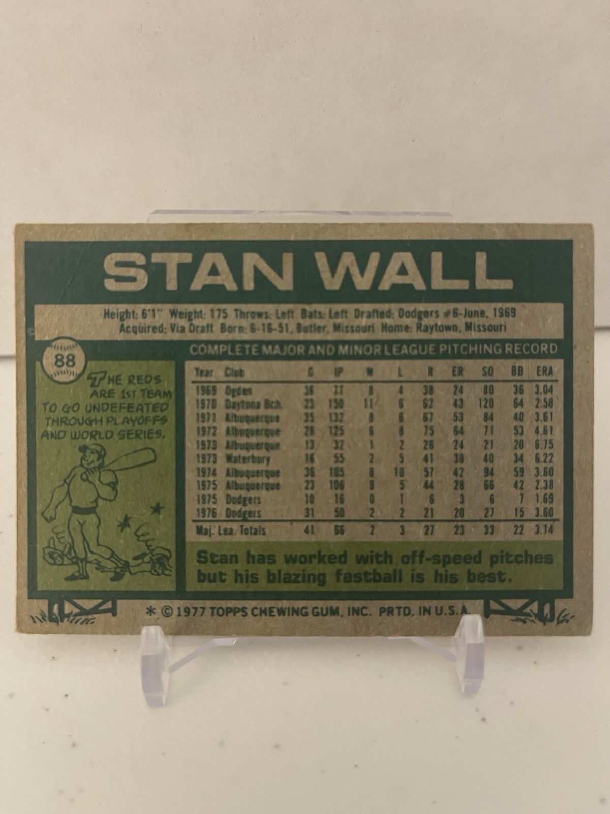 Topps 1977 Stan Wall #88 Los Angeles Dodgers Autographed Baseball Card