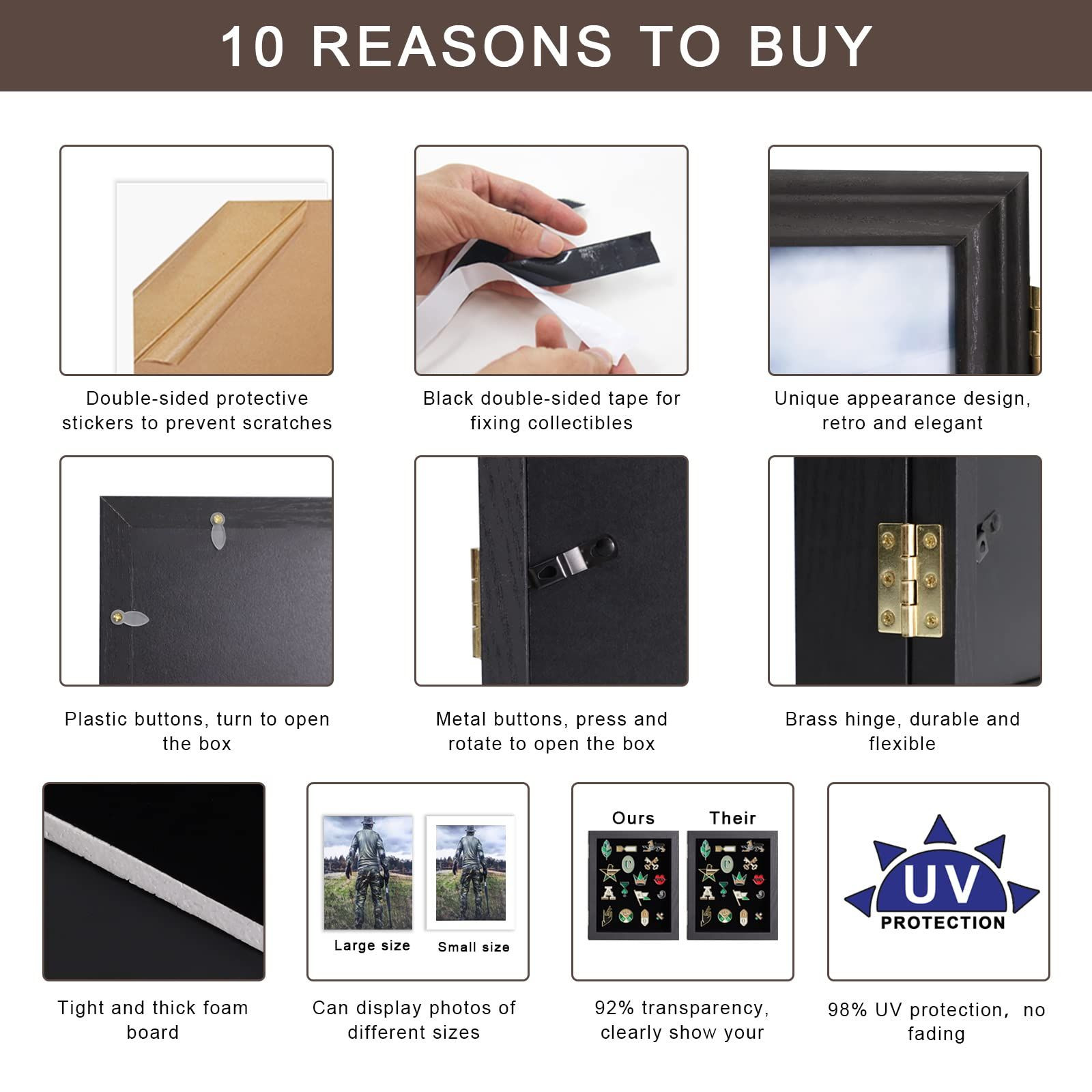 COMSREV Wooden Medal Display Case 98% UV Protection Acrylic Door Black, Black