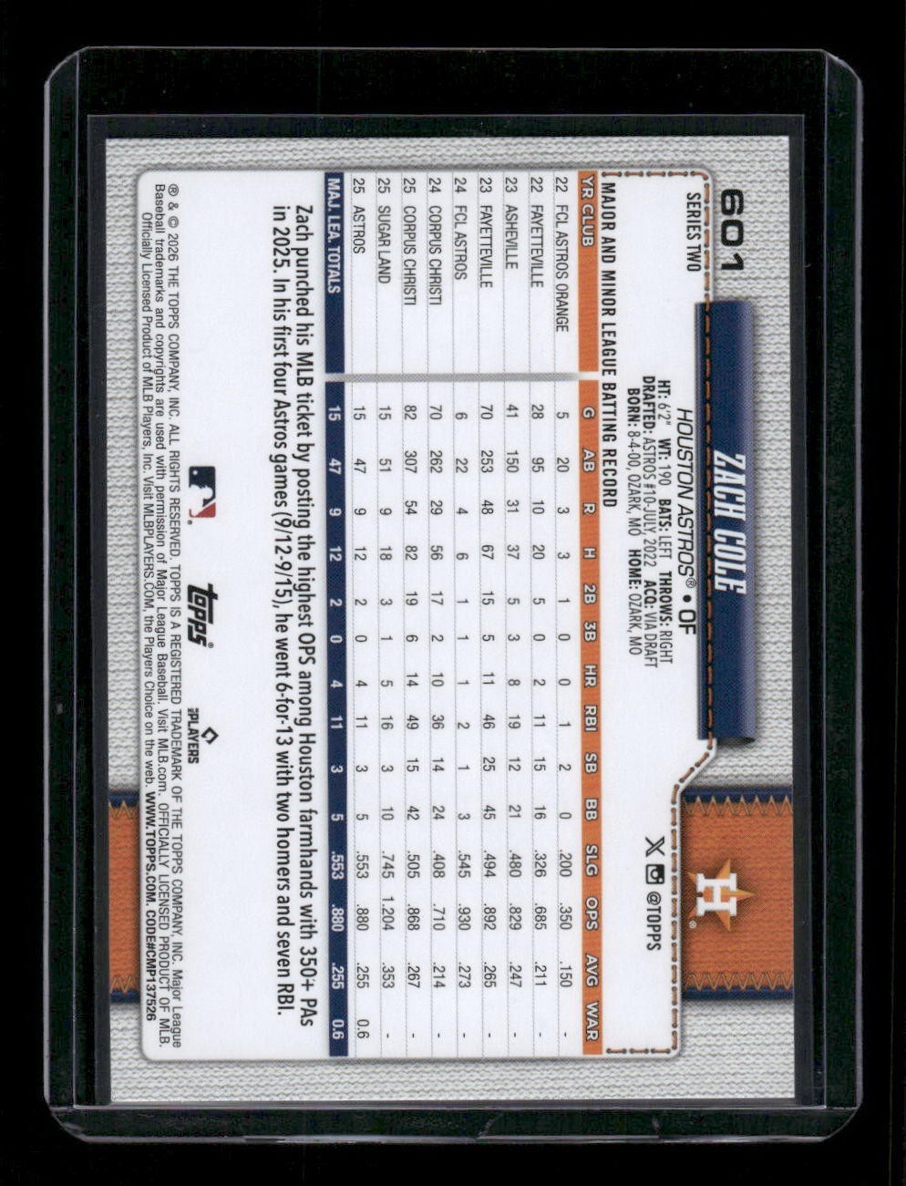 2026 Topps Series 2 Orange Sun Foil #601 Zach Cole (RC)