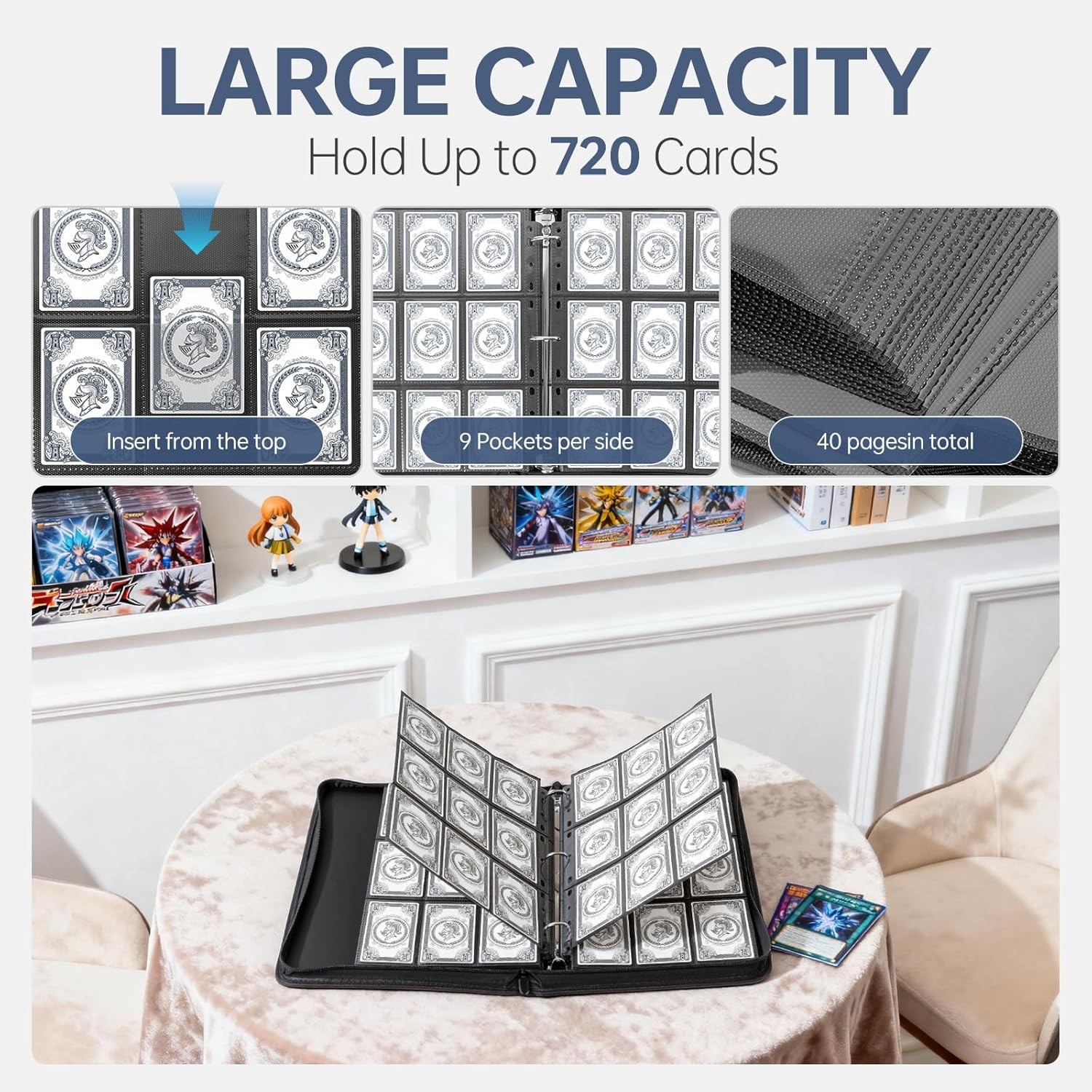 Trading Card Binder with Sleeves 9 Pocket Premium 720 Double Sided Pocket PU …