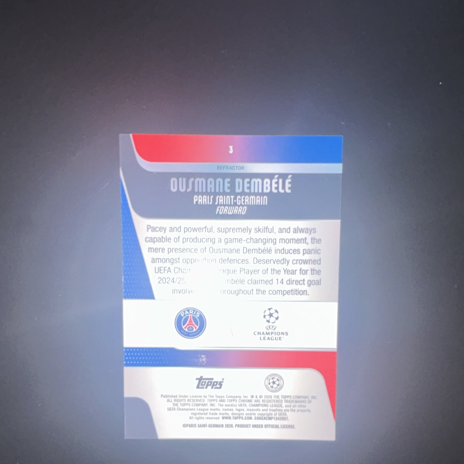 Topps Chrome 2024-25 Ousmane Dembélé PSG #3 Refractor UEFA Champions League