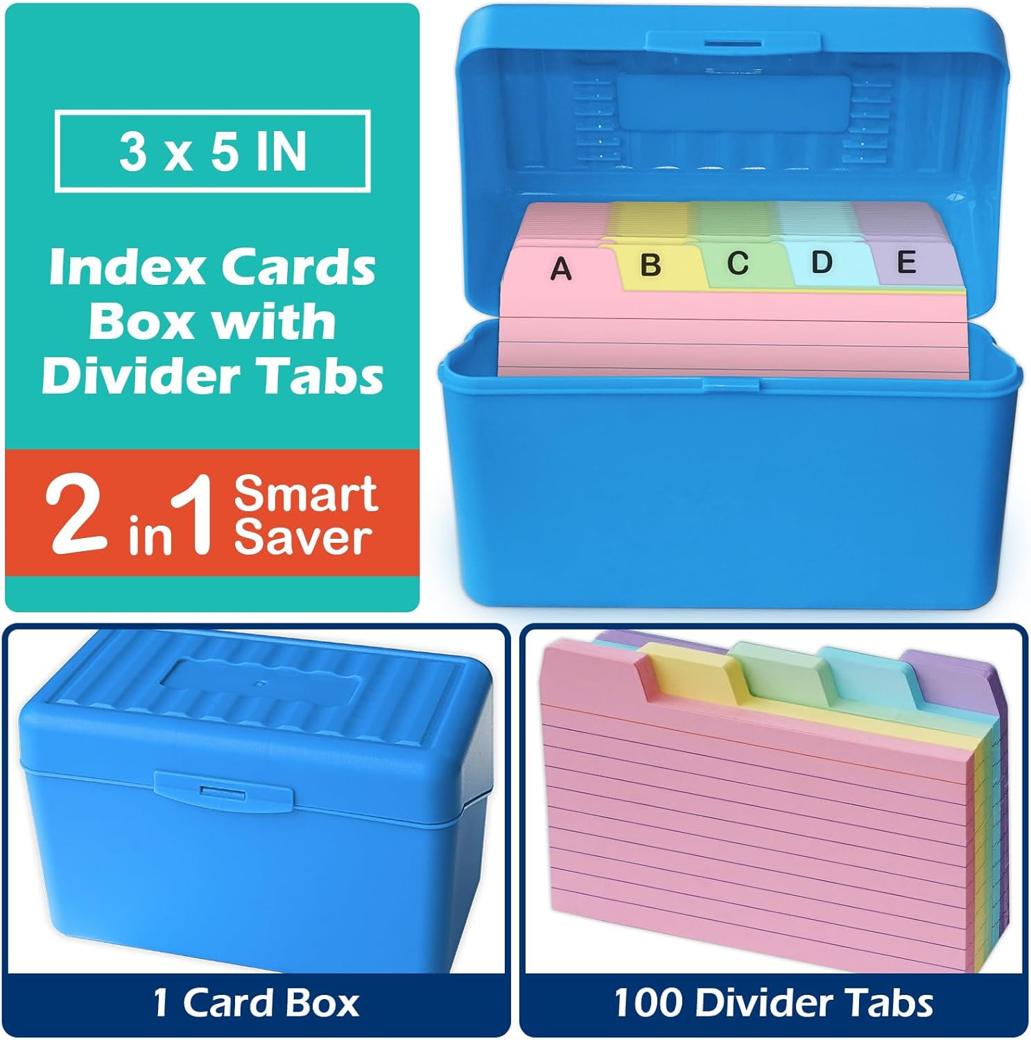 3X5 Index Card Holder Box with 100 Cards Dividers Tabs 3″X 5″, Blue