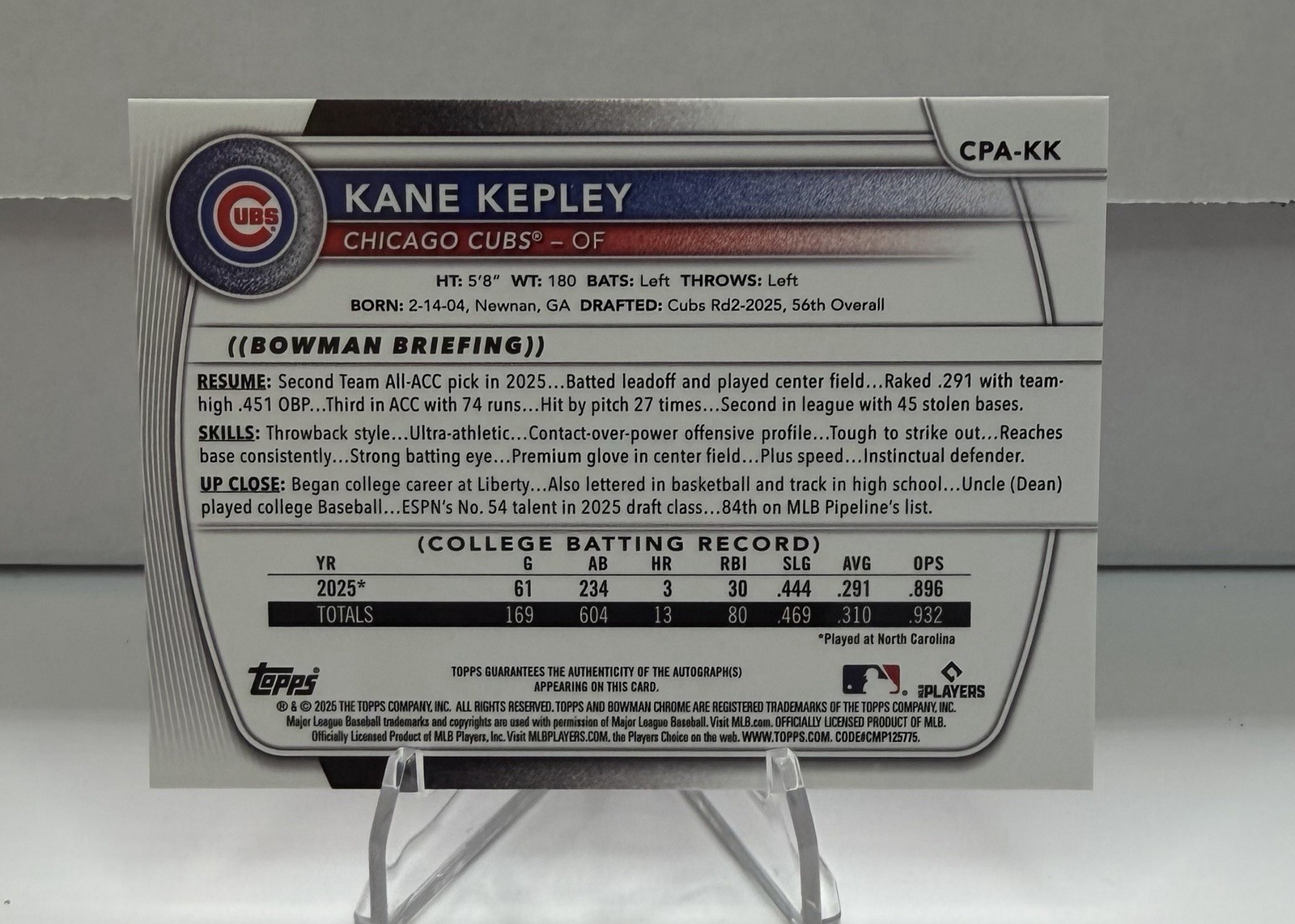 Kane Kepley 2025 Bowman Chrome 1st Bowman Auto Sparkle Refractor SP #/71 #CPA-KK
