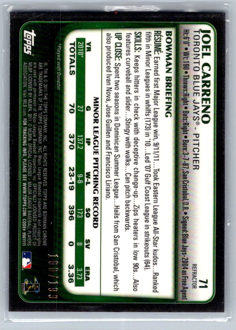 2011 Bowman Chrome Blue Refractor Joel Carreno 71 /199