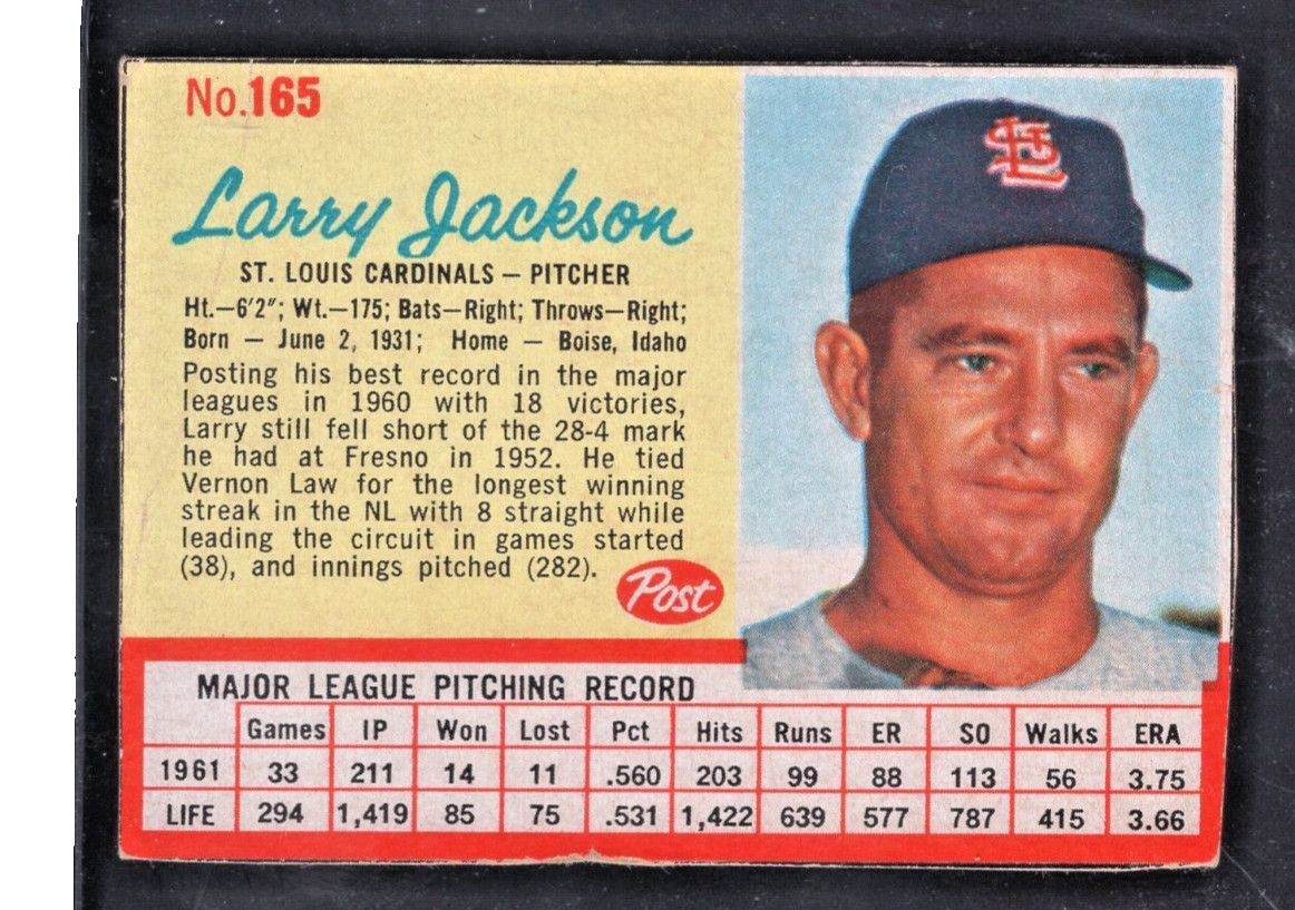 1962 Post Cereal #165 Larry Jackson VG/EX no creases