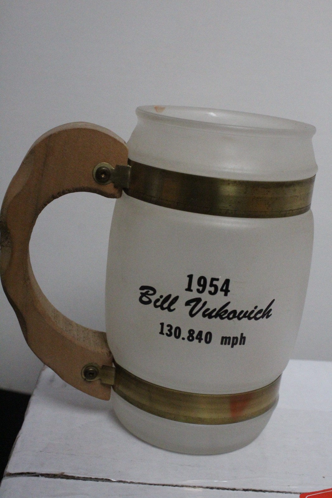 Set of 9 Siesta Ware Indy 500 Frosted Glass, Wood & Metal Mugs 1952-1960