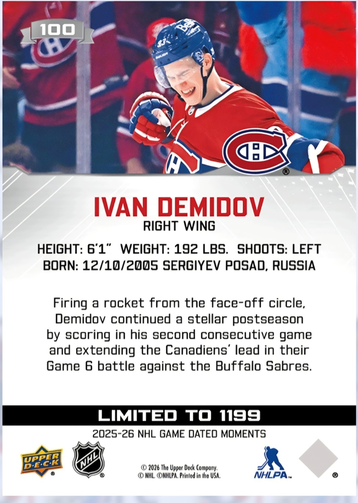 2025-26 Upper Deck Game Dated Moments #100 Ivan Demidov Epack 1199 Made