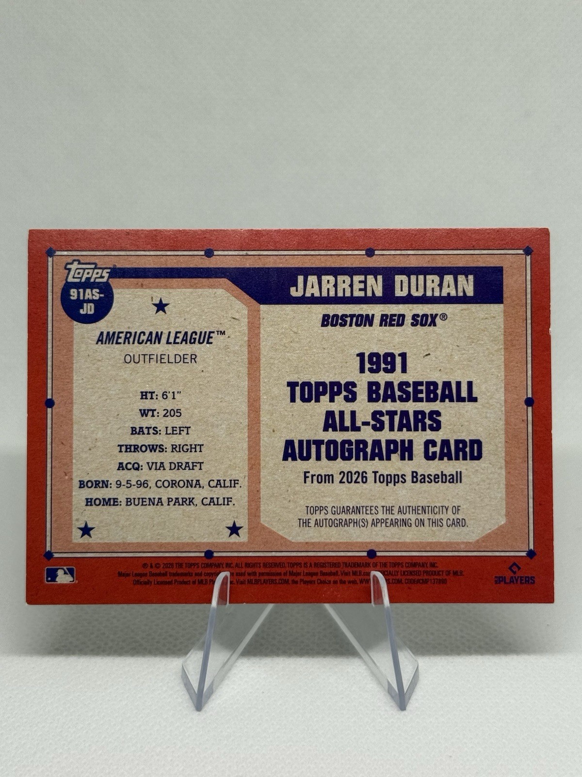 Topps 2026 Baseball 1991 Jarren Duran Gold All-Stars Auto #91AS-JD 01/50
