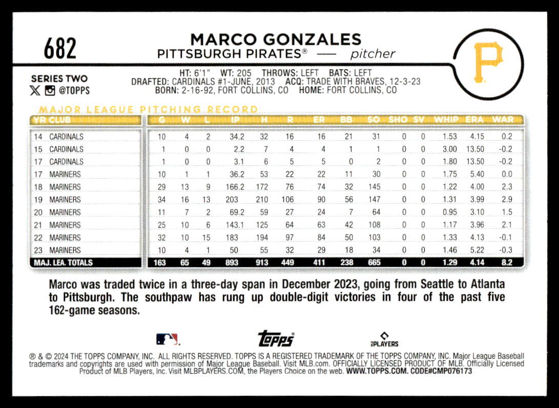2024 Topps Series 2 #682 Marco Gonzales Pittsburgh Pirates