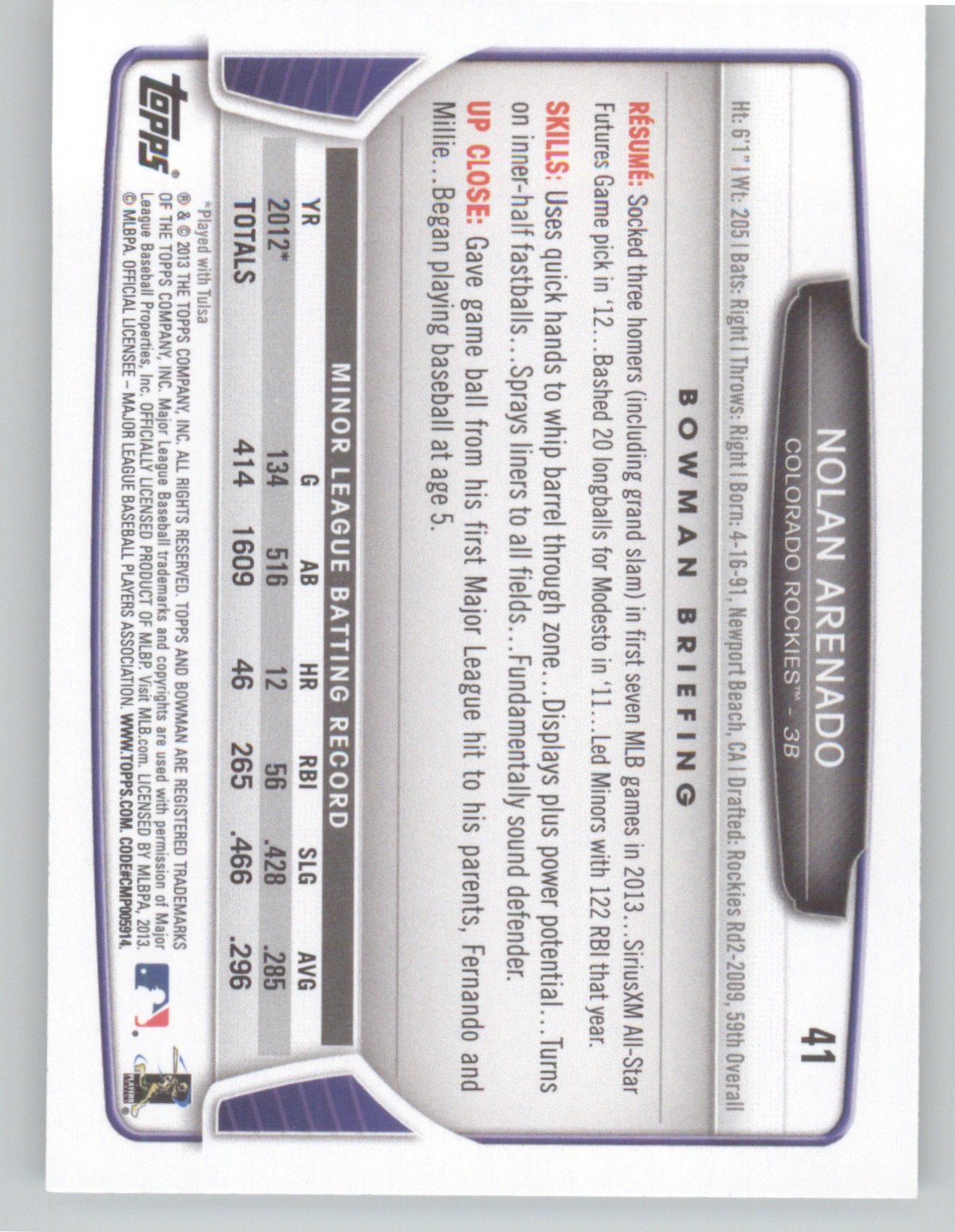 2013 Bowman Draft Picks & Prospects #41 Nolan Arenado