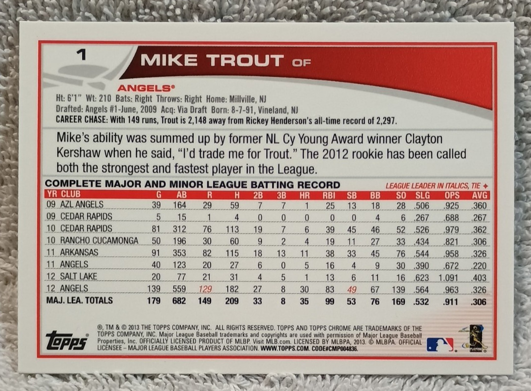 2013 Topps Chrome # 1 MIKE TROUT Rookie Cup RC (Sliding) ~ Los Angeles Angels