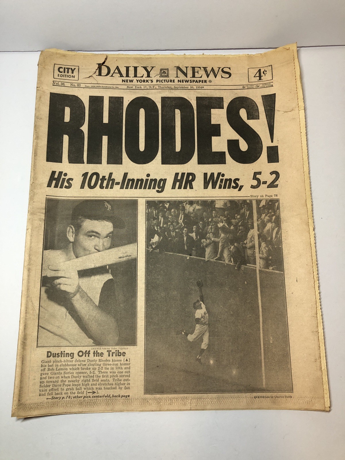 “THE CATCH” Willie Mays Newspaper Daily News NY 1954 MLB World Series Game 1 Sep