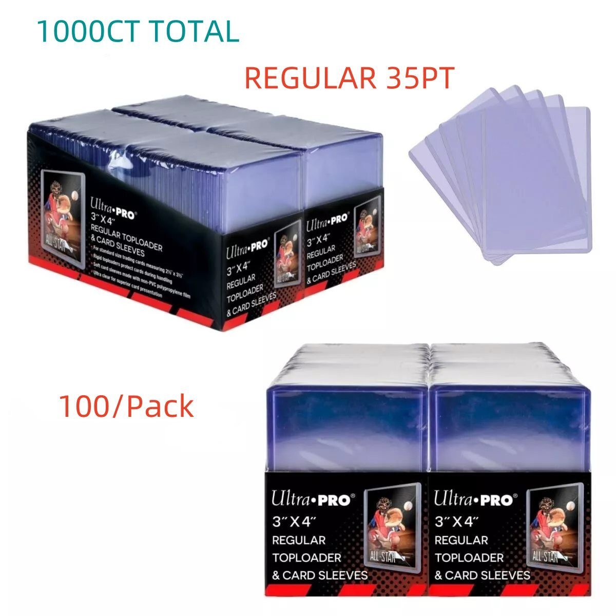 1000ct Ultra PRO 3″ x 4″ Regular 35pt Toploader & Soft Sleeves – 10 * 100 Pack