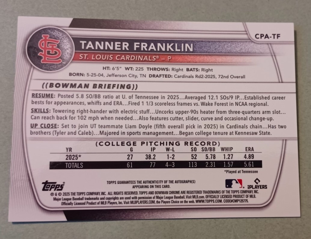 2025 Bowman Draft Prospect Autograph Tanner Franklin #CPA-TF HTA Choice Ref /150