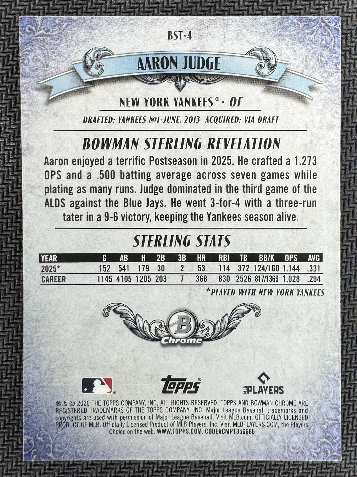 2026 Bowman Chrome Sterling Aaron Judge Mojo Refractor #BST-4 New York Yankees