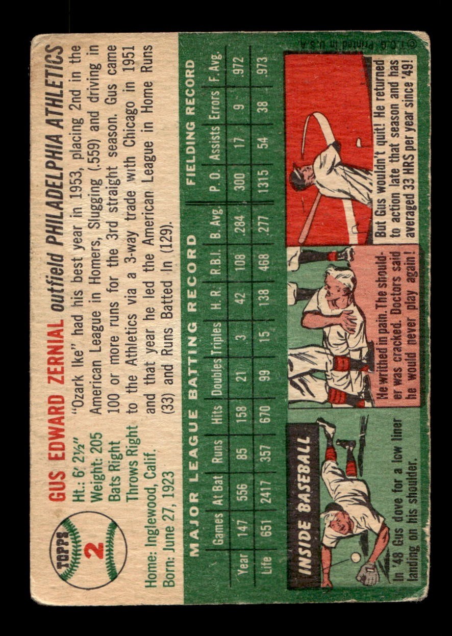 1954 Topps #2 Gus Zernial A’s GOOD *z3